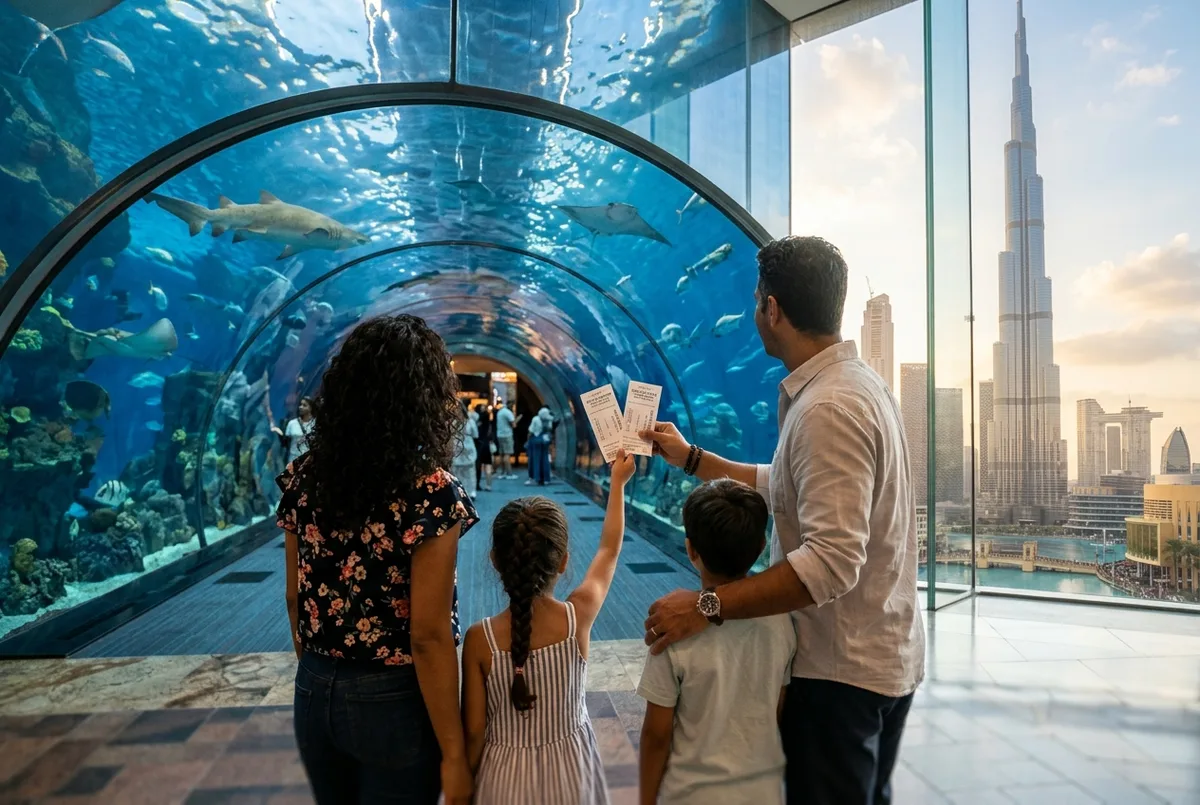 dubai aquarium and burj khalifa tickets scene: a family holding tickets in front of a glass shark tunnel with the burj khalifa skyline visible through a window, warm afternoon light