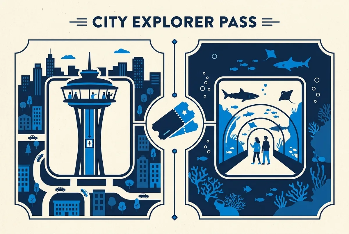 a simple two-panel infographic showing a tower observation deck icon on one side and an aquarium tunnel icon on the other, connected by a single ticket icon in the middle, flat generic style, no numbers or text