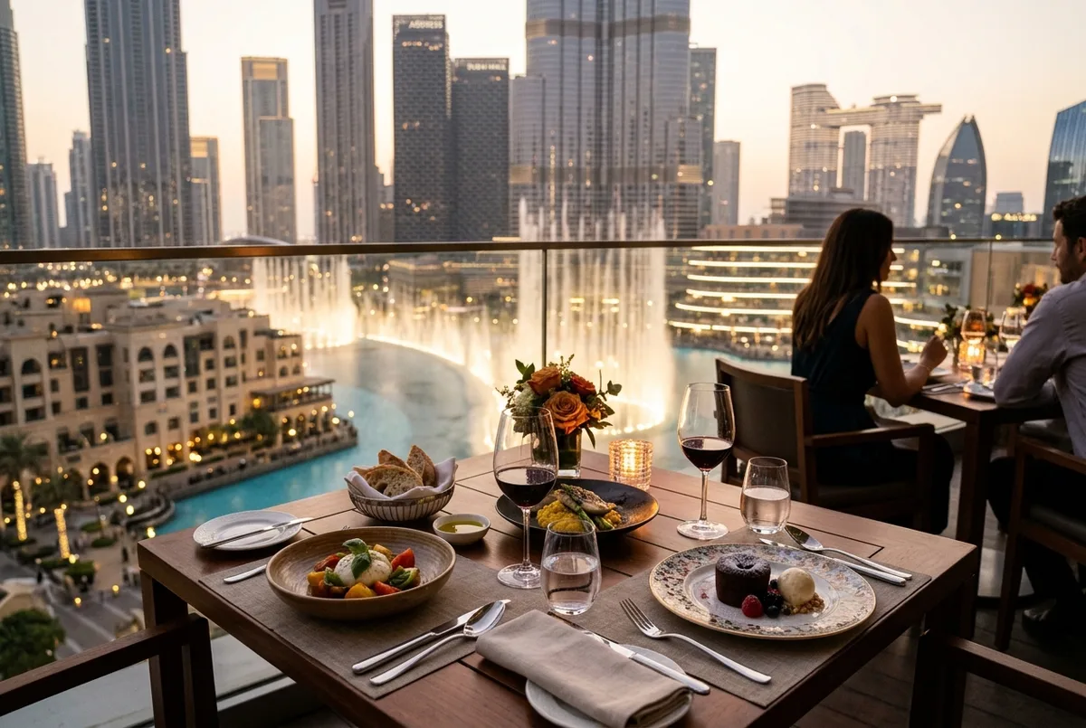 Gedeckter Tisch mit 3-Gänge-Menü im Burj Club, burj khalifa at the top restaurant, mit Blick auf die Dubai Fountain bei Abendlicht