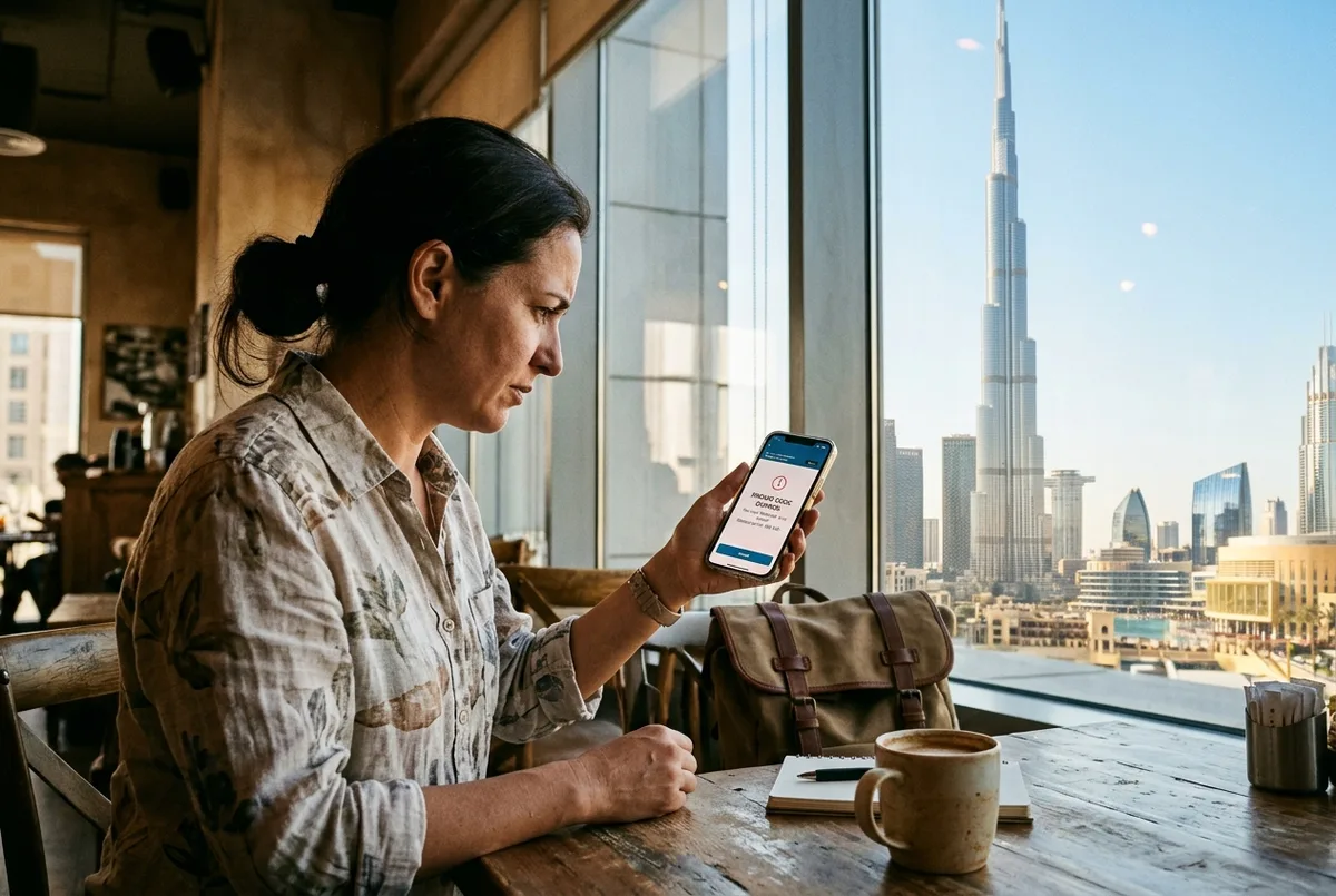 discount code burj khalifa scene: a traveler looking skeptically at a phone showing an expired promo code screen, Burj Khalifa visible through a cafe window
