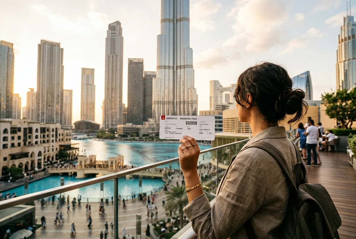 scena per emirates pass burj khalifa: un viaggiatore mostra la carta d'imbarco Emirates sullo smartphone a un banco biglietti del Dubai Mall, luce naturale del mattino