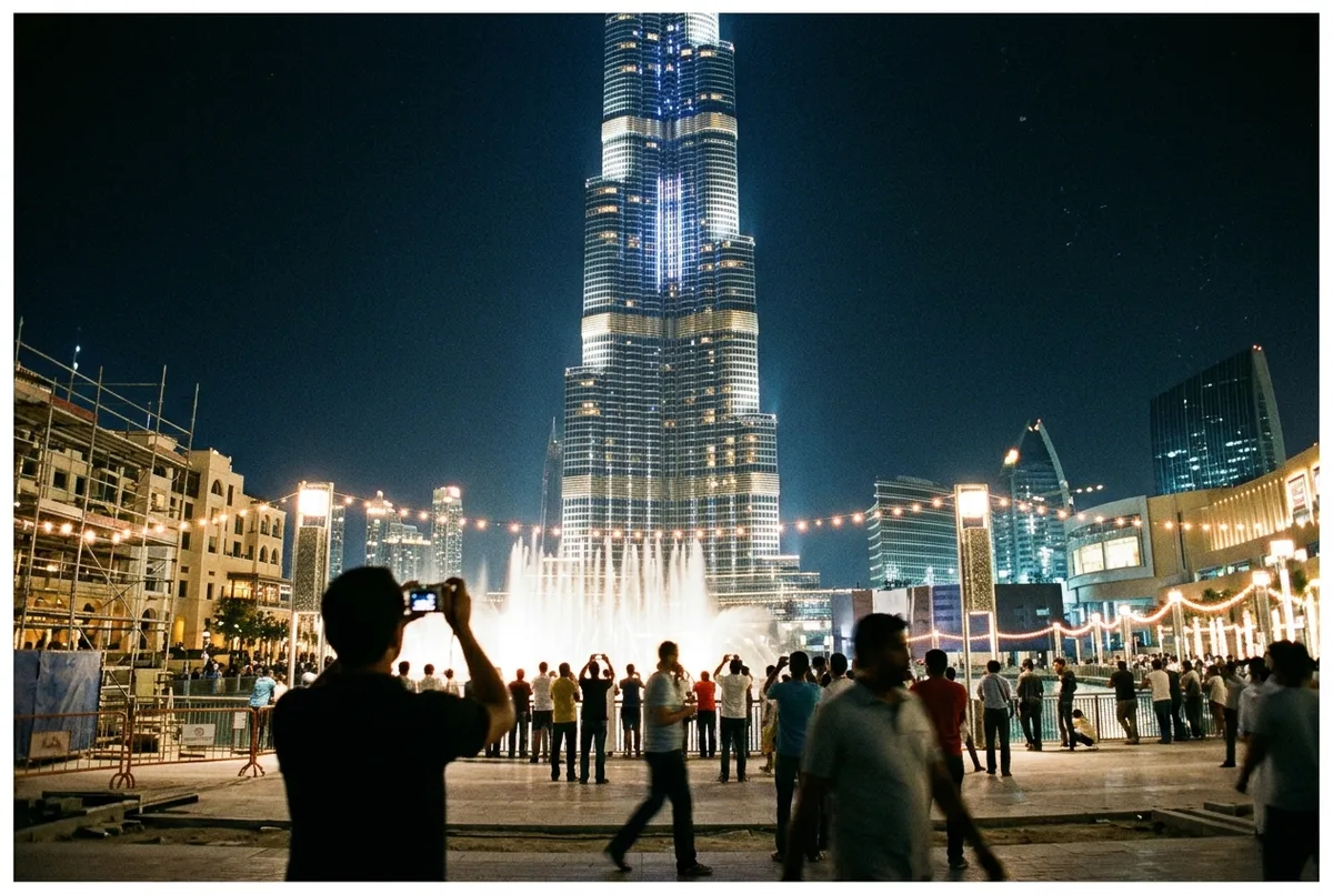 burj khalifa opening date scene: the illuminated tower against a night sky in Downtown Dubai, construction era photo style overlay suggesting history