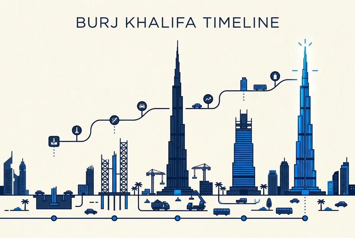 burj khalifa facts and history infographic showing a timeline from construction start to opening date with generic labels for height and floor milestones