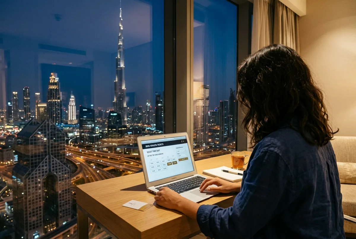 burj khalifa online tickets scene: a traveler on a laptop at a hotel desk selecting a time slot on a ticket booking screen, Burj Khalifa visible through the window at dusk