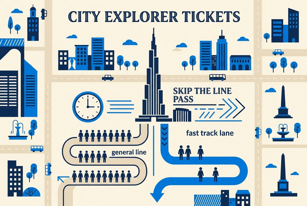 burj khalifa skip the line tickets infographic showing a clock icon beside two queue lanes labeled general line and fast track lane with a shorter wait time on one side
