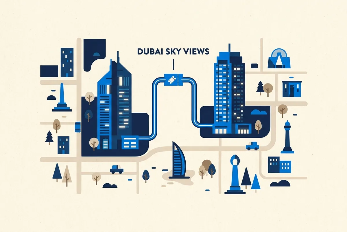 burj khalifa sky views observatory infografía con dos iconos de edificio genéricos conectados por una línea de ticket único, etiquetas neutras para Burj Khalifa y Address Sky View, sin precios