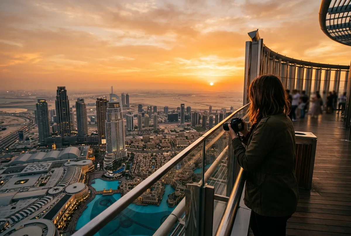 burj khalifa sunset tickets scene: a visitor at the open air terrace railing watching the sun set behind the Dubai skyline, warm orange light over the city