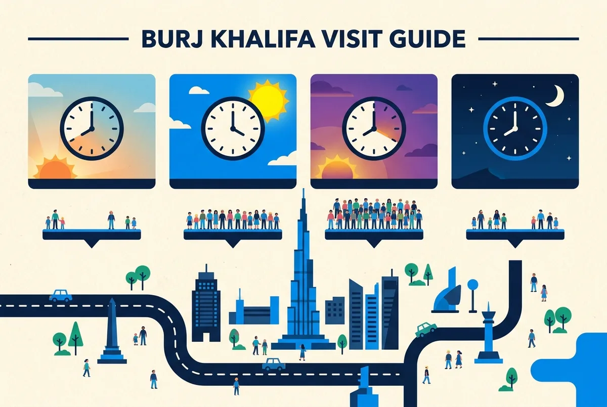 burj khalifa best time to visit infographic comparing four clock icons labeled early morning, midday, sunset and night with generic crowd level markers