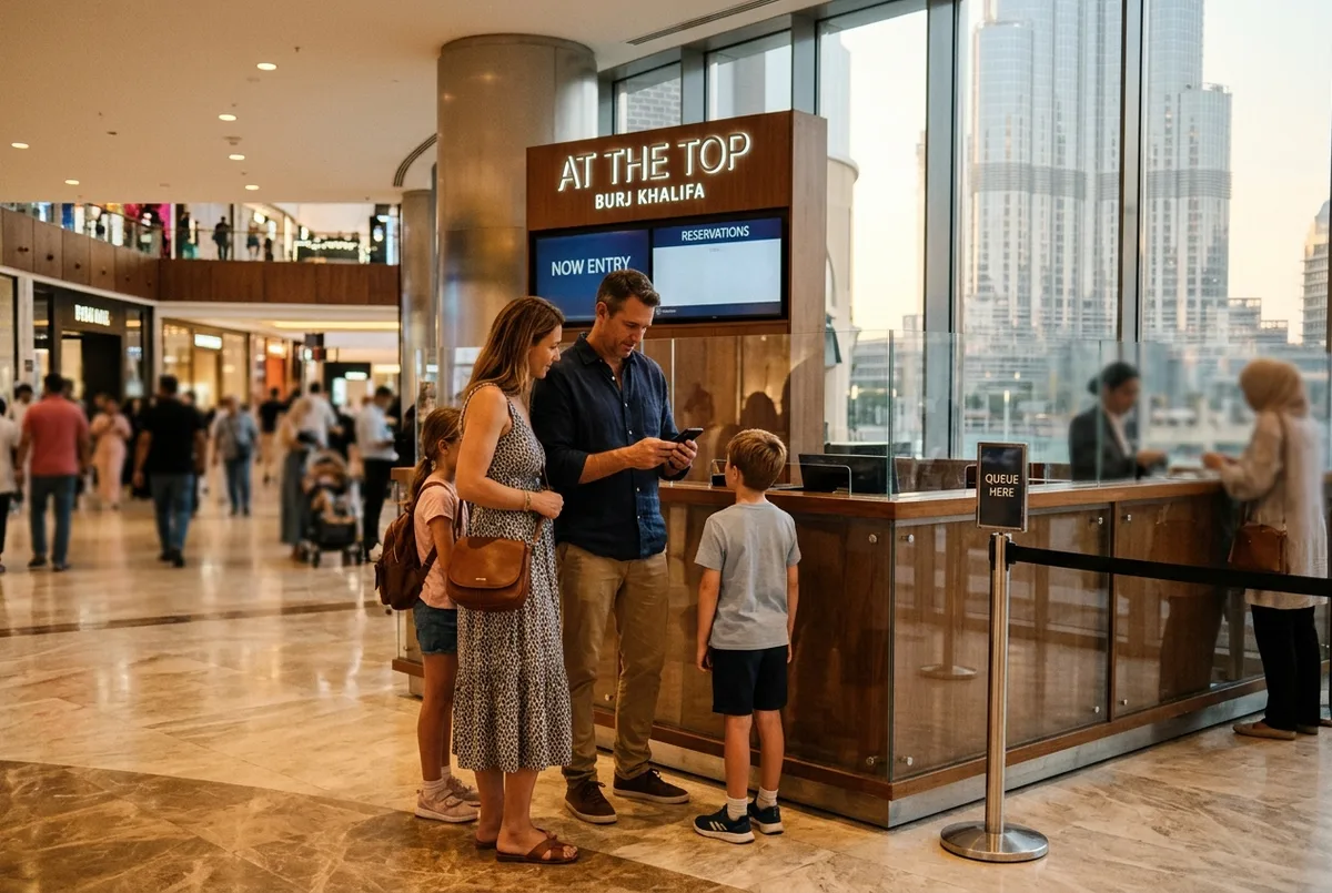 burj khalifa at the top duration escena: una familia con ropa informal de viaje comprobando la hora en el móvil junto al mostrador At the Top en la planta inferior de Dubai Mall