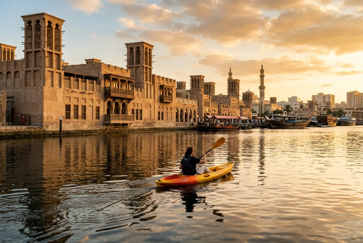 dubai creek kayak experience scene: a kayaker paddling past traditional wind tower buildings along a historic waterway at golden hour, calm water, warm light