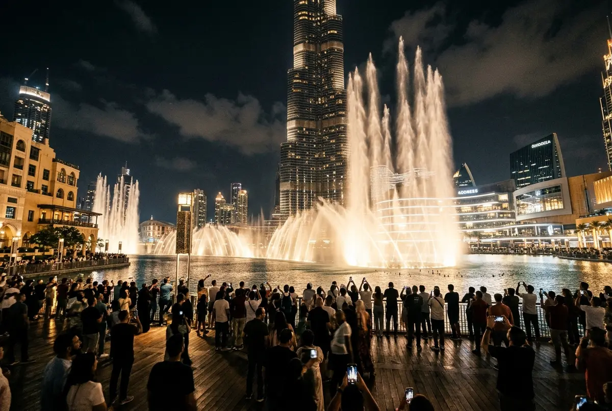dubai fountain show scene: tall illuminated water jets shooting up at night in front of the burj khalifa, crowds watching from a lakeside boardwalk