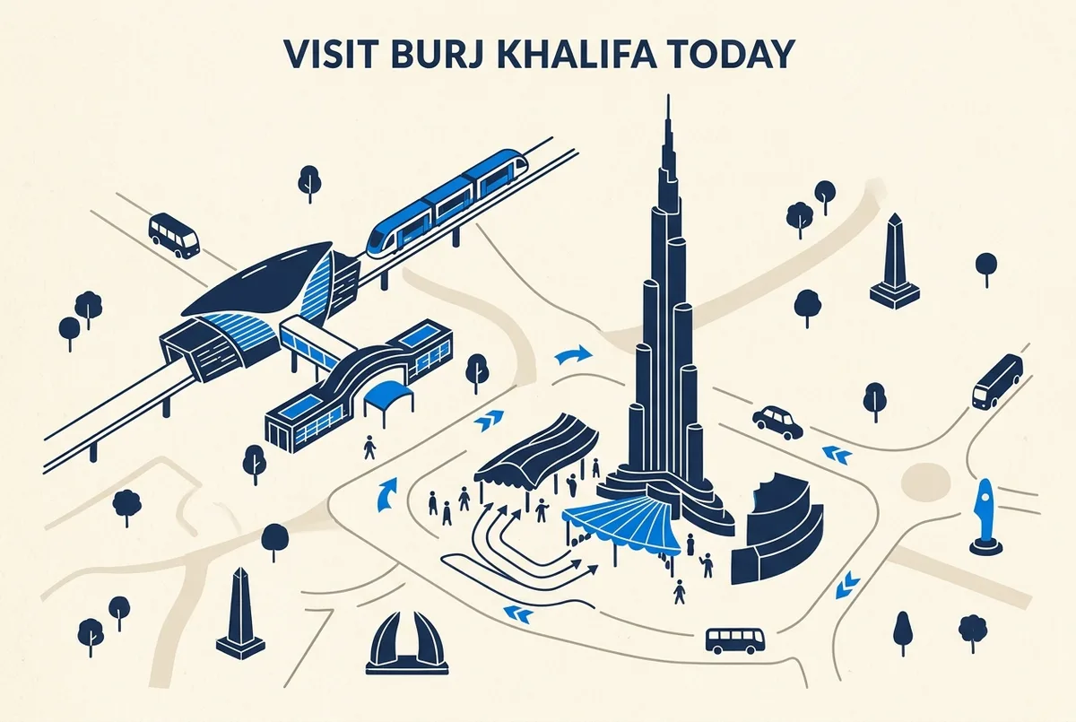 Simple illustrated map showing the Burj Khalifa, Dubai Mall entrance and the nearby metro station for visitors with burj khalifa tickets