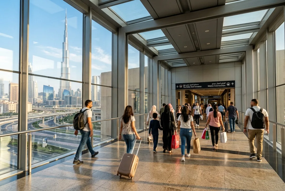burj khalifa dubai mall metro station scene: travelers walking through a bright air conditioned skywalk connecting a metro platform to a mall entrance, tower visible through the glass in the distance