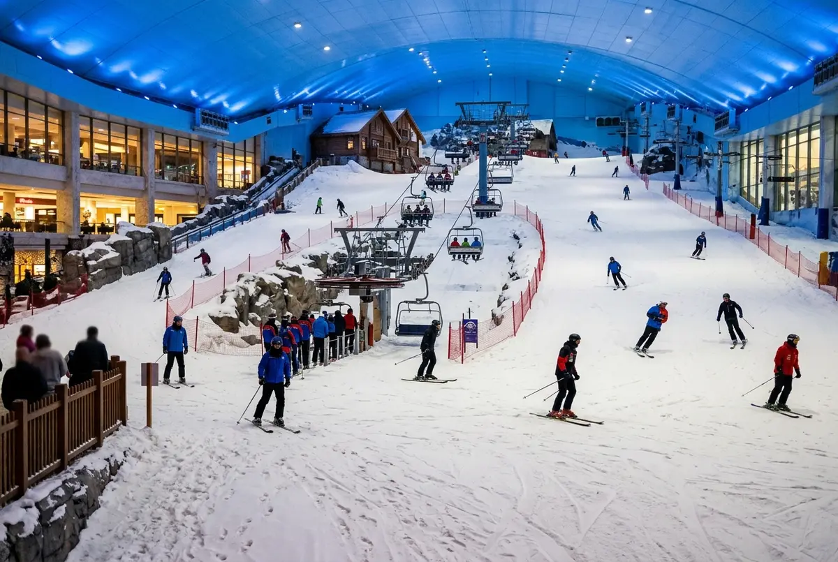 ski dubai mall scene: skiers and snowboarders on an indoor snow slope under a cold blue dome lighting, with a chairlift visible in the background