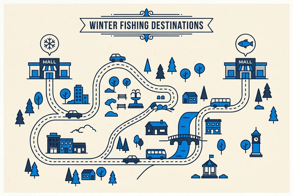 a simple flat map diagram showing two separate generic mall icons placed apart along a stylized road line, labeled only with neutral snowflake and fish icons, no text or distances