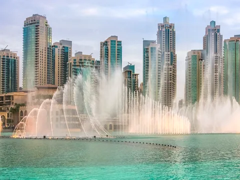 Burj Khalifa skyline view from the lake ride and fountain show boat
